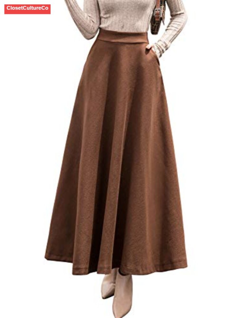 Wool Blend High Waisted A-Line Pleated Long Maxi Skater Skirt